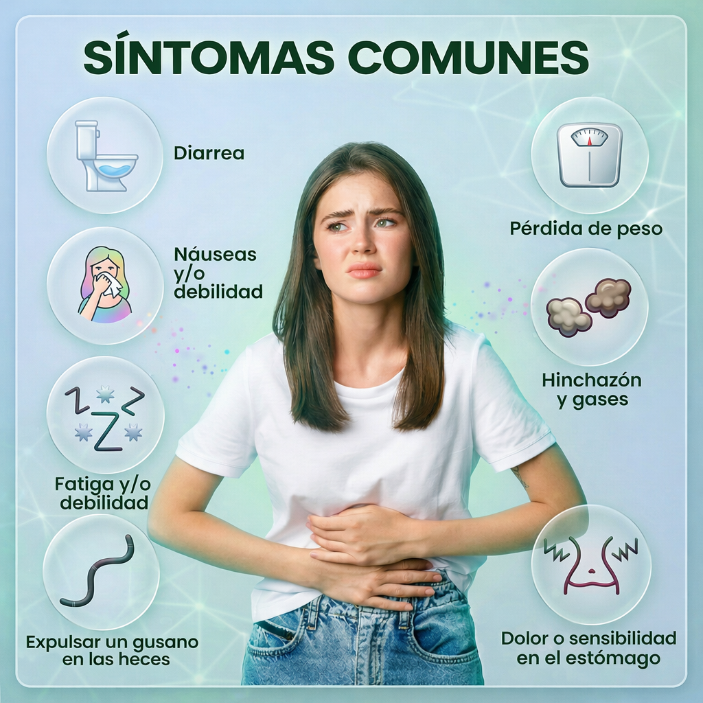 Spanish informational graphic titled 'SÍNTOMAS COMUNES' showing a woman holding her stomach in the center, surrounded by circular icons and text listing common symptoms such as diarrhea, nausea, fatigue, and weight loss on a pale blue background.