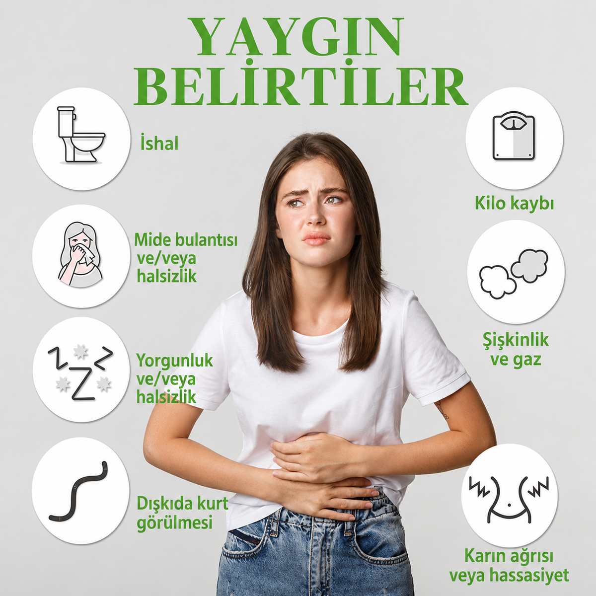 A woman in a white t-shirt and jeans stands with her hands on her stomach against a light gray background, surrounded by Turkish health-related icons and text such as 'YAYGIN BELIRTELER' and symptoms like diarrhea, weight loss, and fatigue.